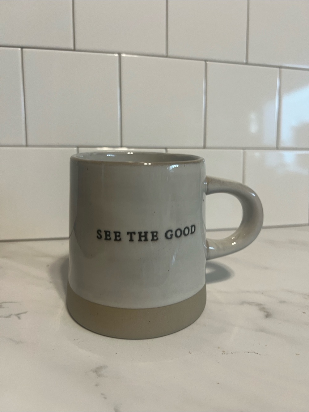 Hearth &Hand “See The Good “ Ceramic Mug in Light Gray and Tan